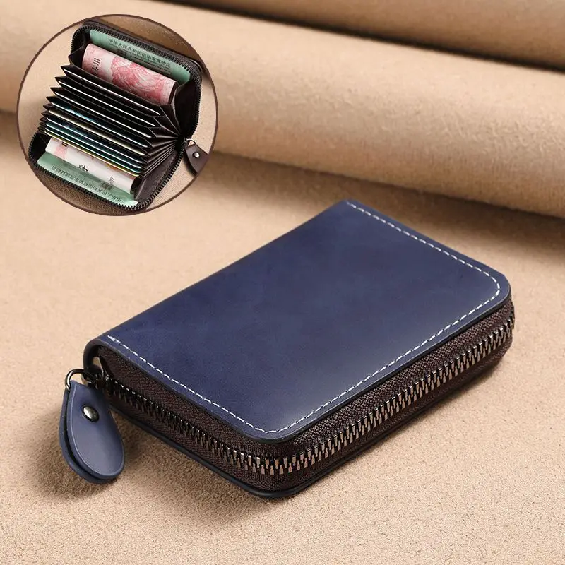 PU Leather Card Holder Vintage Small Wallet Women Men Business Bank Credit Card Bag Male Coin Pouch Solid Color Zipper Wallet