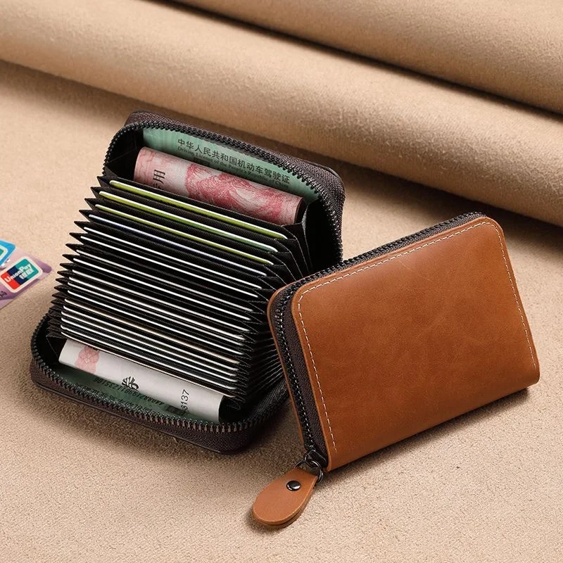 PU Leather Card Holder Vintage Small Wallet Women Men Business Bank Credit Card Bag Male Coin Pouch Solid Color Zipper Wallet