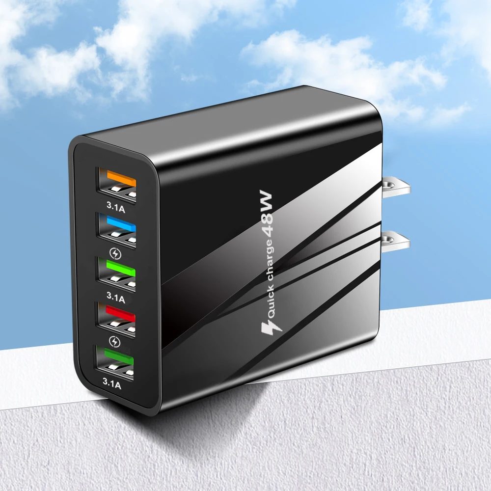 48W USB Charger Fast Charge QC 3.0 Wall Charger Adapter For iPhone 14 13 Samsung Xiaomi Mobile Phone Charger 5 Ports EU US Plug
