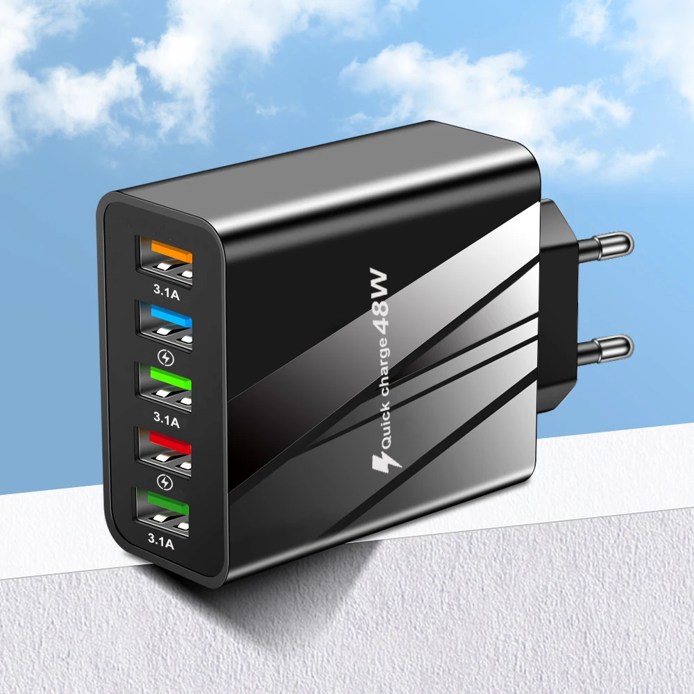 48W USB Charger Fast Charge QC 3.0 Wall Charger Adapter For iPhone 14 13 Samsung Xiaomi Mobile Phone Charger 5 Ports EU US Plug