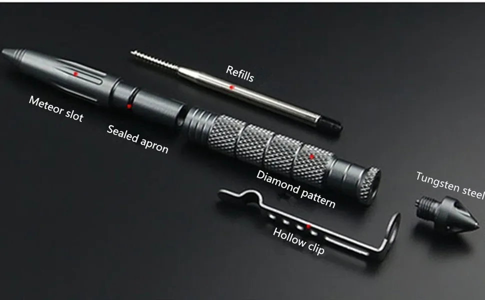 Military Tactical Pen, Professional Self Defense Pen, Emergency Glass Breaker Pen - Tungsten Steel, Writing Tool with 6 Refill
