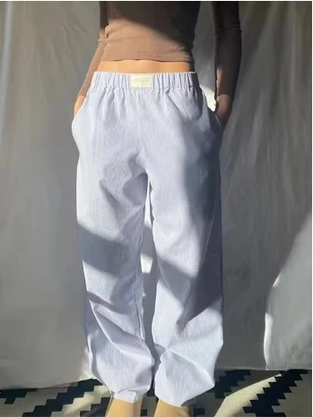 Y2K Striped Print Long Pant Women Elastic Waist Wide Leg Pants Fashion Casual Cotton Straight Trousers