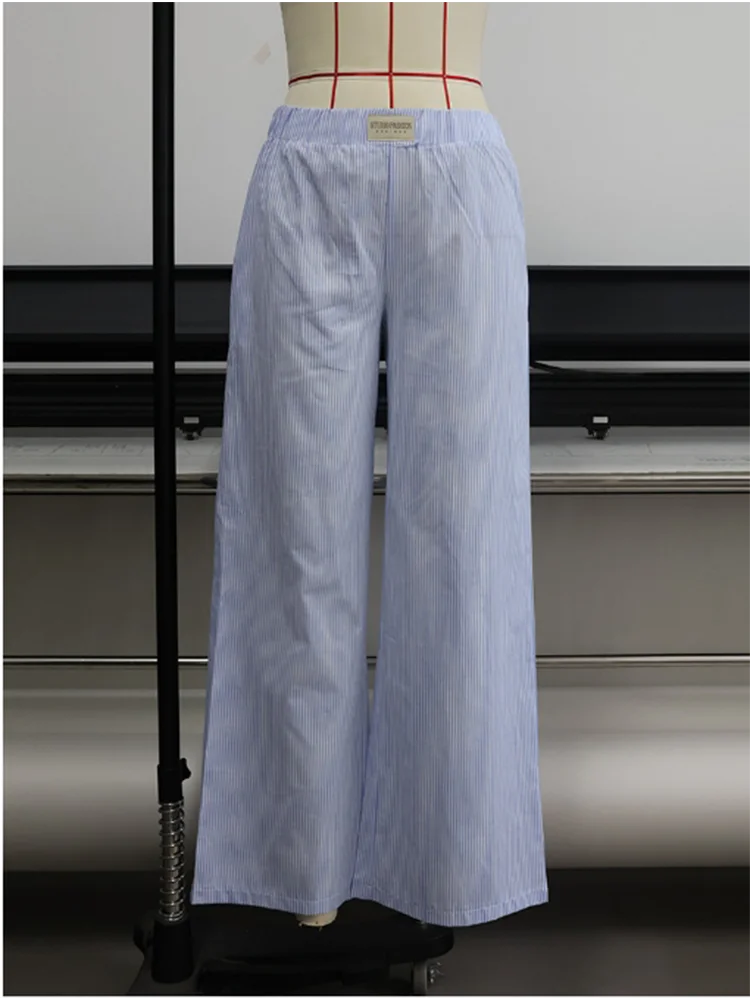 Y2K Striped Print Long Pant Women Elastic Waist Wide Leg Pants Fashion Casual Cotton Straight Trousers