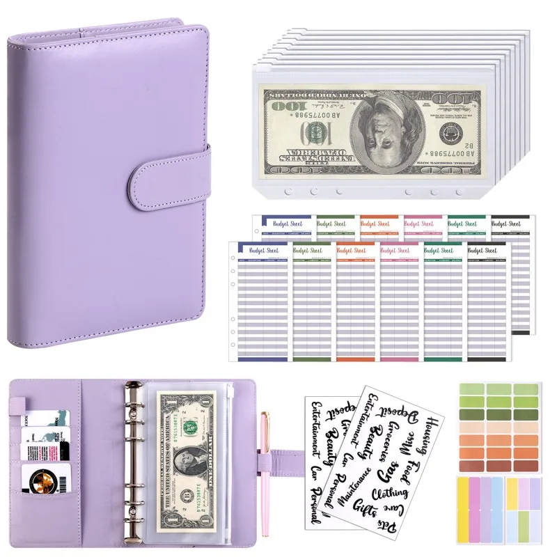 PU Leather Wallets Budget Binder With Cash Envelopes Pockets Zip Budget Pouch Binder For Saving Money A6 Planner Organizer