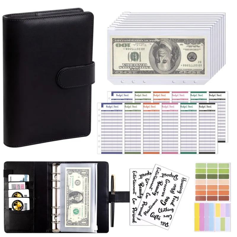 PU Leather Wallets Budget Binder With Cash Envelopes Pockets Zip Budget Pouch Binder For Saving Money A6 Planner Organizer