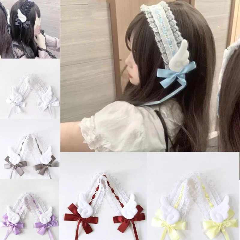 DXAE Handmade Hair Accessory Headband Gothic Lolitas Cosplay Maid Lace Hair Bands Cute Wings & Bowknots Decors for Women