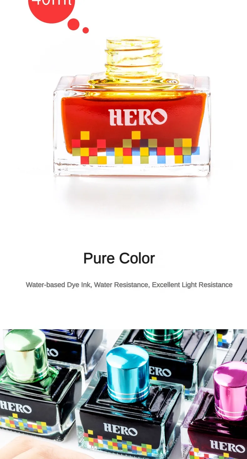 HERO Colorful 40ml Fountain Pen Ink Refilling Ink Stationery School Cartridge Converter Office Ink Supplies Stationery PK JINHAO