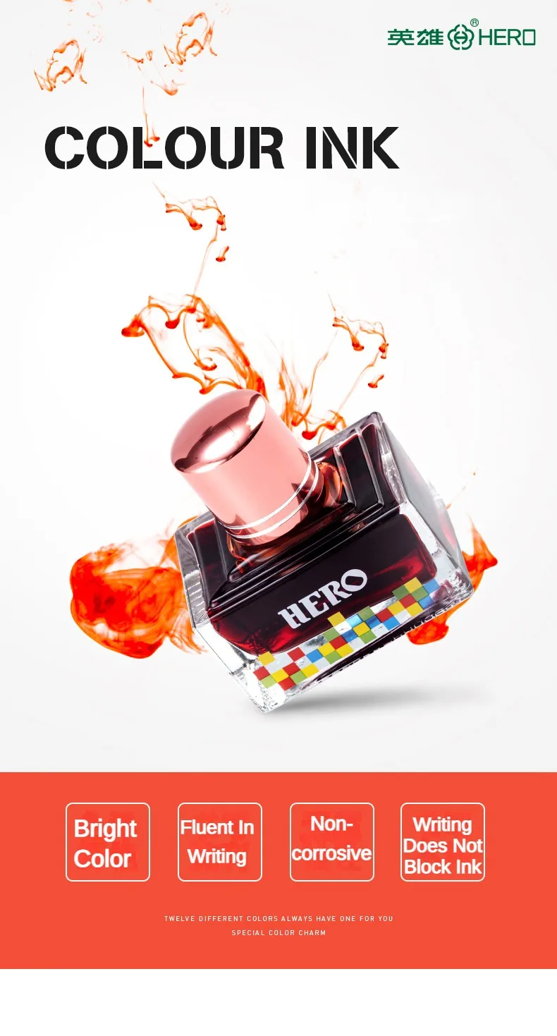 HERO Colorful 40ml Fountain Pen Ink Refilling Ink Stationery School Cartridge Converter Office Ink Supplies Stationery PK JINHAO