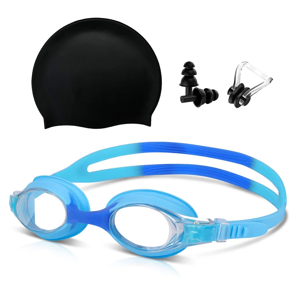 Kids Swim Goggles and Silicone Swim Cap Set with Nose Clip Earplugs, Waterproof No Leaking Anti Fog UV Protection for Boys Girls
