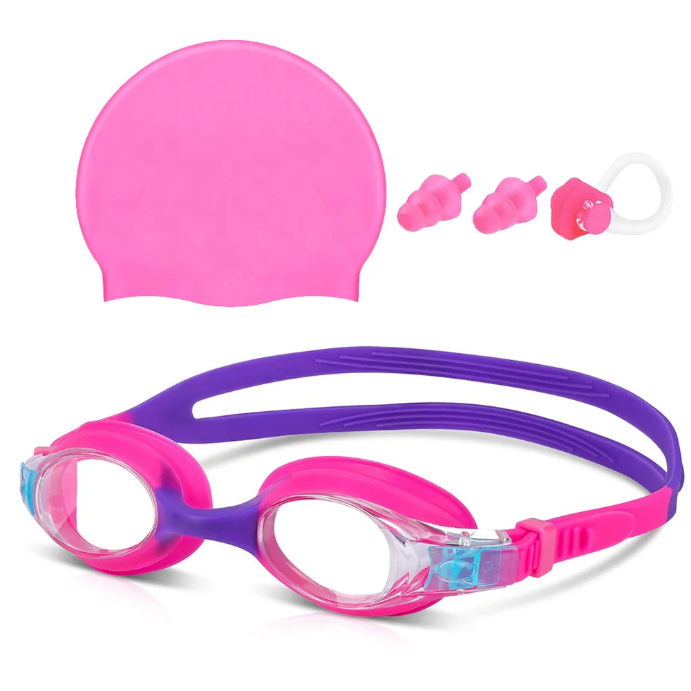 Kids Swim Goggles and Silicone Swim Cap Set with Nose Clip Earplugs, Waterproof No Leaking Anti Fog UV Protection for Boys Girls
