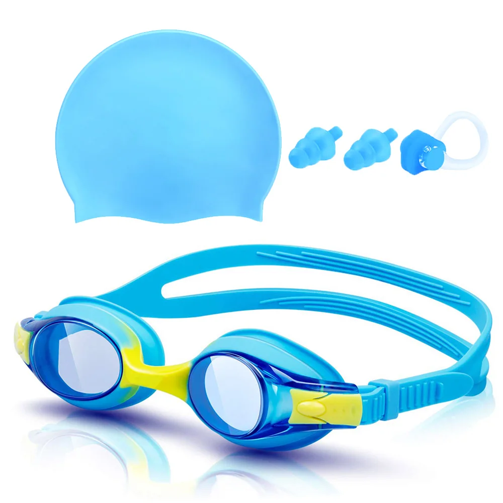 Kids Swim Goggles and Silicone Swim Cap Set with Nose Clip Earplugs, Waterproof No Leaking Anti Fog UV Protection for Boys Girls