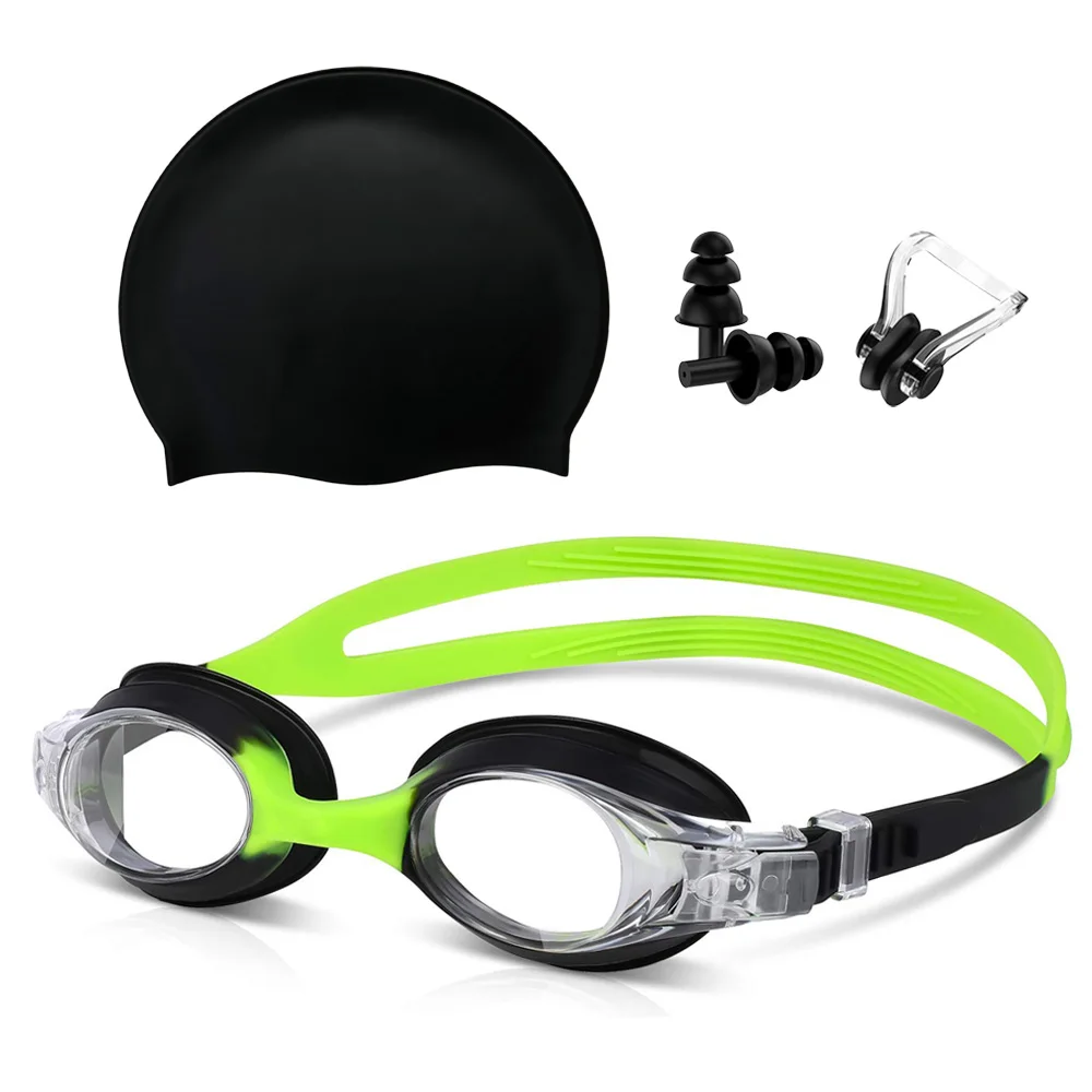Kids Swim Goggles and Silicone Swim Cap Set with Nose Clip Earplugs, Waterproof No Leaking Anti Fog UV Protection for Boys Girls