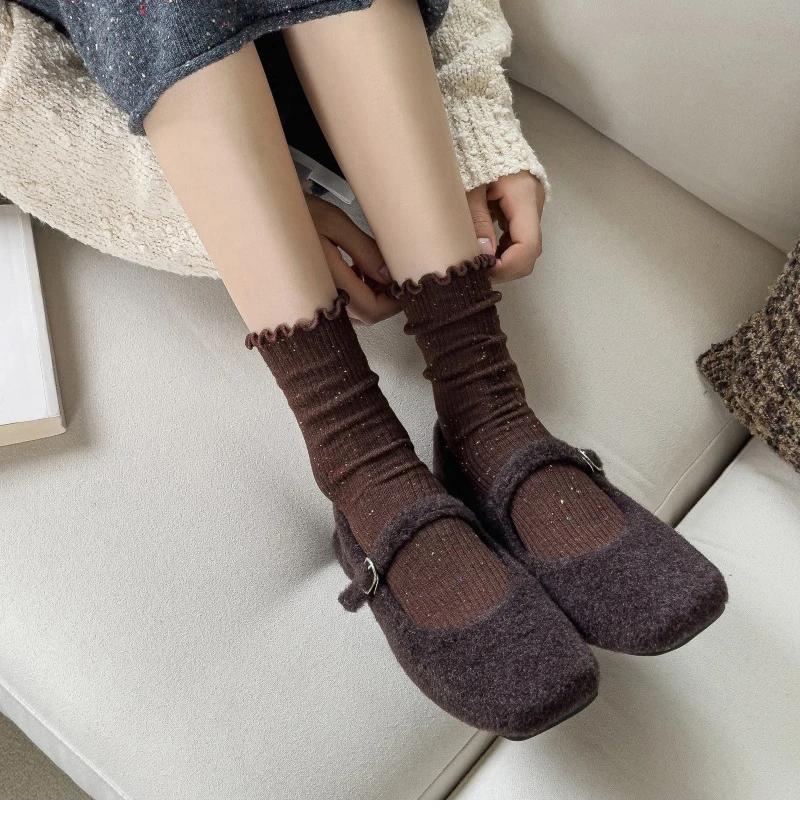 Woman Socks Autumn Winter New Solid Color Retro Frilly Ruffle Socks Female Casual Daily Preppy Style Japanese Crew Socks Girls