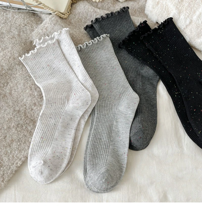 Woman Socks Autumn Winter New Solid Color Retro Frilly Ruffle Socks Female Casual Daily Preppy Style Japanese Crew Socks Girls