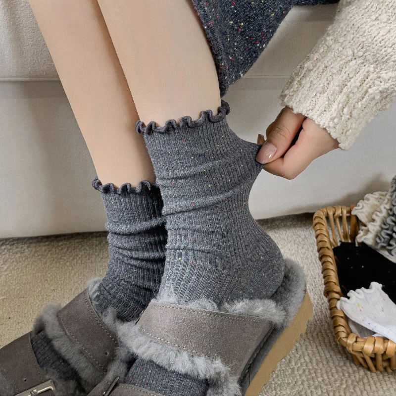 Woman Socks Autumn Winter New Solid Color Retro Frilly Ruffle Socks Female Casual Daily Preppy Style Japanese Crew Socks Girls