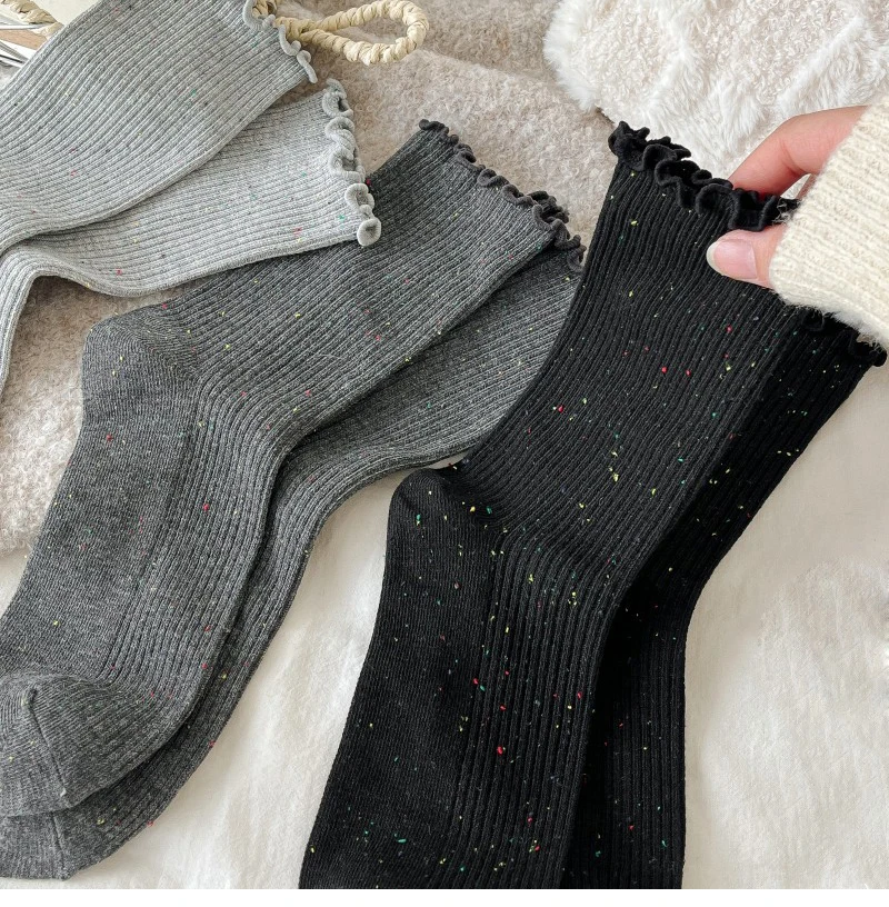 Woman Socks Autumn Winter New Solid Color Retro Frilly Ruffle Socks Female Casual Daily Preppy Style Japanese Crew Socks Girls