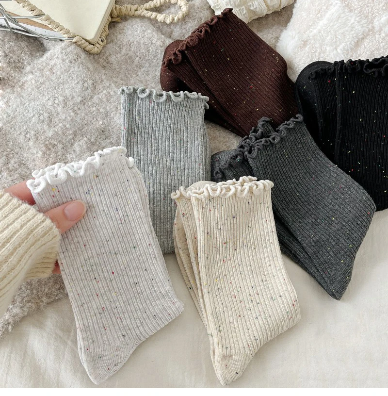 Woman Socks Autumn Winter New Solid Color Retro Frilly Ruffle Socks Female Casual Daily Preppy Style Japanese Crew Socks Girls