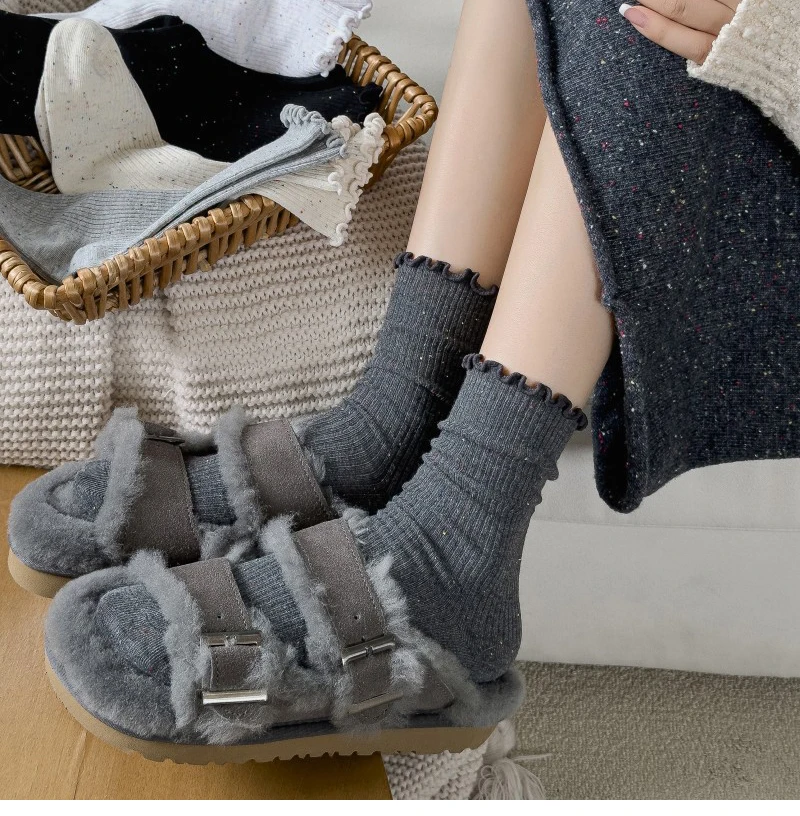 Woman Socks Autumn Winter New Solid Color Retro Frilly Ruffle Socks Female Casual Daily Preppy Style Japanese Crew Socks Girls