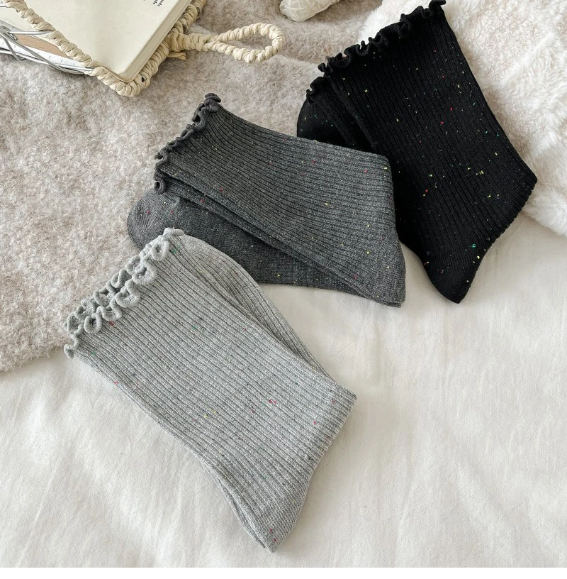 Woman Socks Autumn Winter New Solid Color Retro Frilly Ruffle Socks Female Casual Daily Preppy Style Japanese Crew Socks Girls
