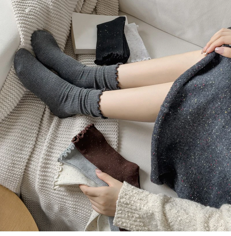 Woman Socks Autumn Winter New Solid Color Retro Frilly Ruffle Socks Female Casual Daily Preppy Style Japanese Crew Socks Girls