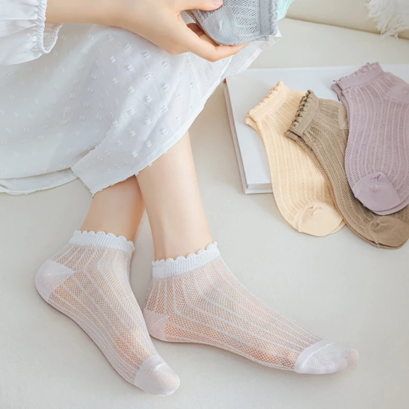10Pairs Women's Solid Frill Trim Sock Soft & Lightweight Sweet Japanese Style Short Socks Comfortable Breathable Low Cut Sox