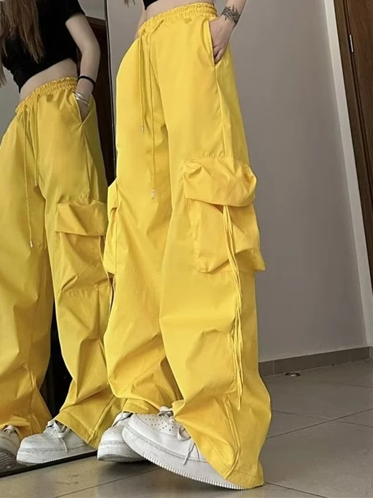 Women Korean High Waisted Slacks Lady Japanese 2000s Style Y2k Lace Up Cargo Trousers Female Yellow Pink Blue Black Joggers