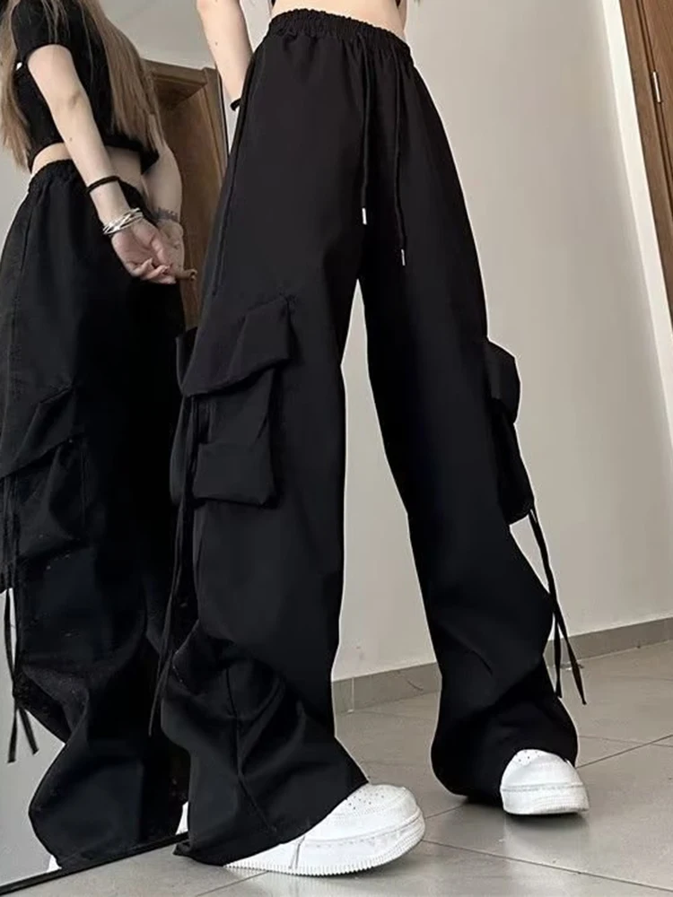 Women Korean High Waisted Slacks Lady Japanese 2000s Style Y2k Lace Up Cargo Trousers Female Yellow Pink Blue Black Joggers