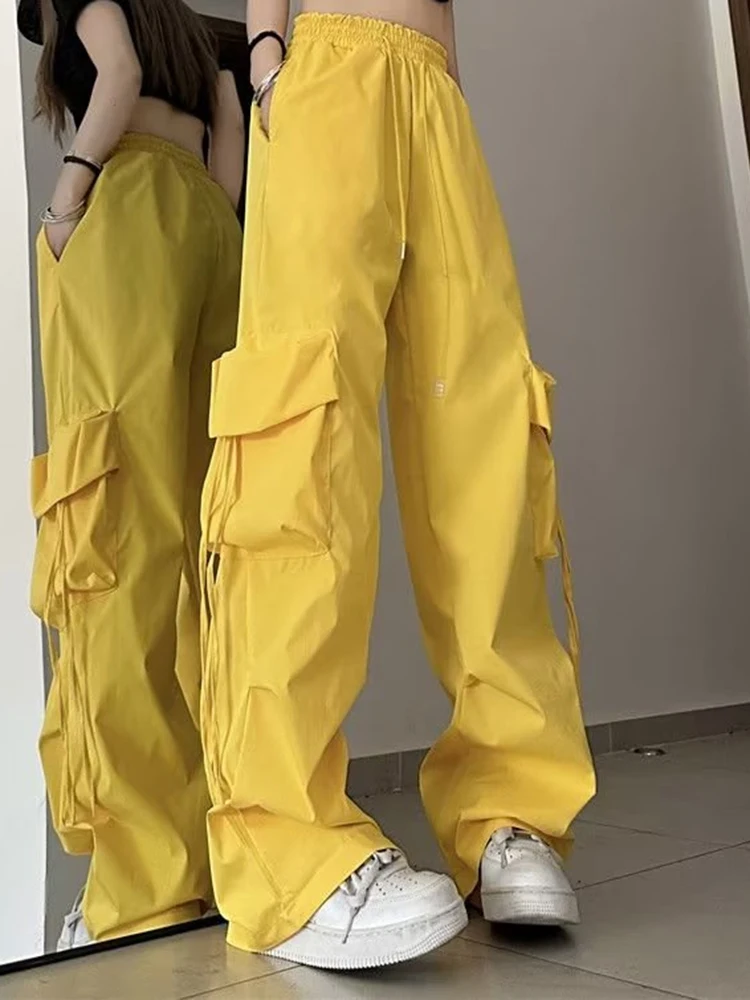Women Korean High Waisted Slacks Lady Japanese 2000s Style Y2k Lace Up Cargo Trousers Female Yellow Pink Blue Black Joggers