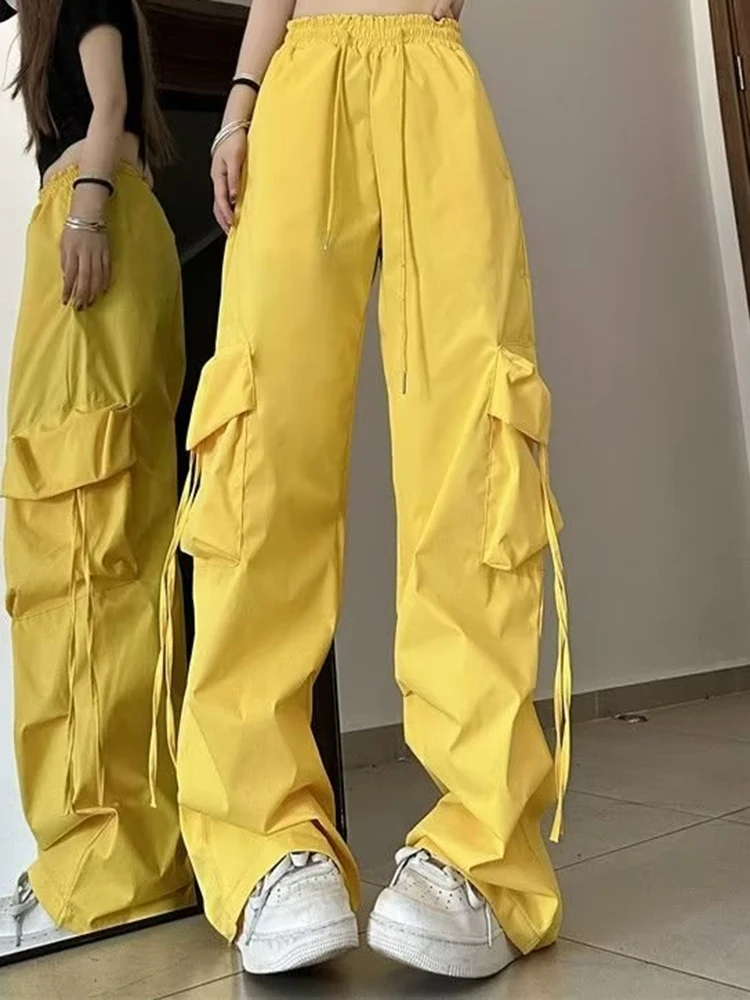 Women Korean High Waisted Slacks Lady Japanese 2000s Style Y2k Lace Up Cargo Trousers Female Yellow Pink Blue Black Joggers