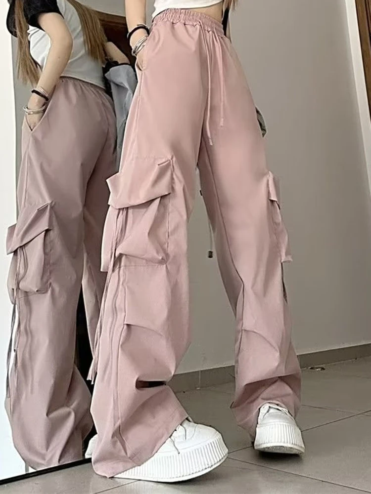 Women Korean High Waisted Slacks Lady Japanese 2000s Style Y2k Lace Up Cargo Trousers Female Yellow Pink Blue Black Joggers