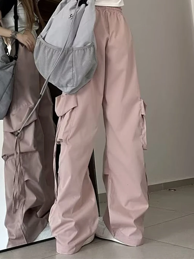 Women Korean High Waisted Slacks Lady Japanese 2000s Style Y2k Lace Up Cargo Trousers Female Yellow Pink Blue Black Joggers