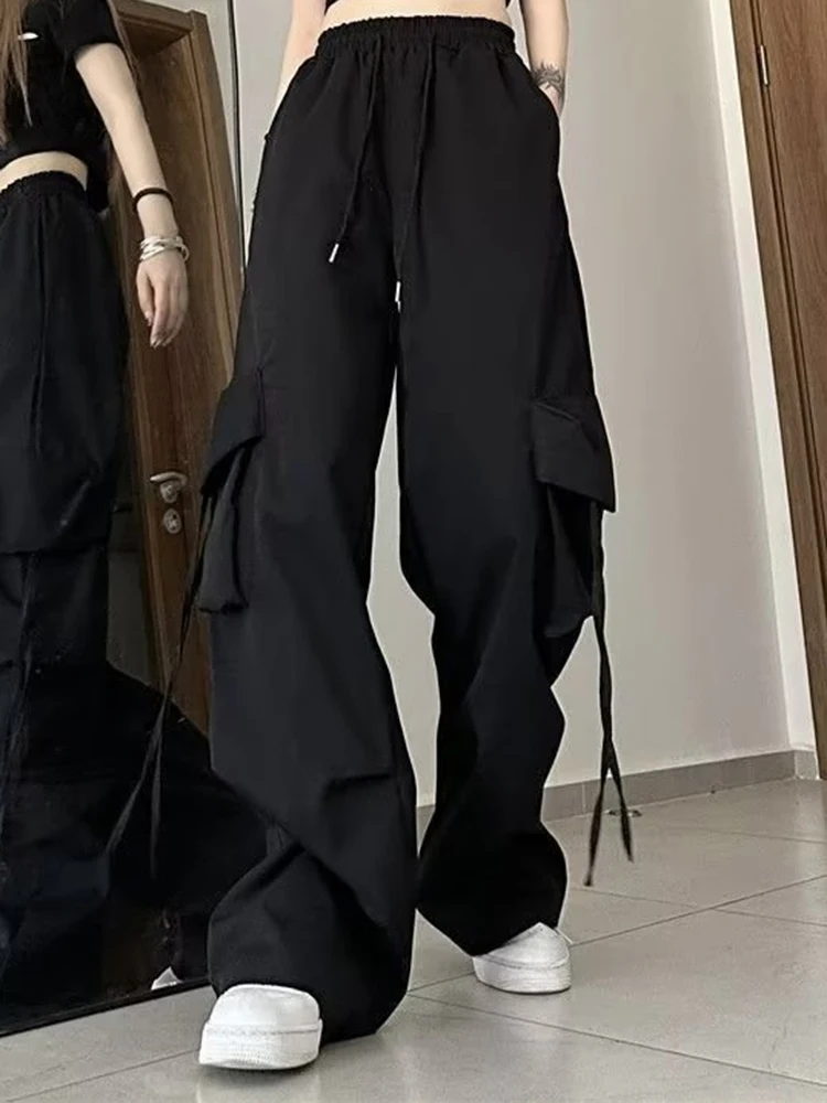 Women Korean High Waisted Slacks Lady Japanese 2000s Style Y2k Lace Up Cargo Trousers Female Yellow Pink Blue Black Joggers