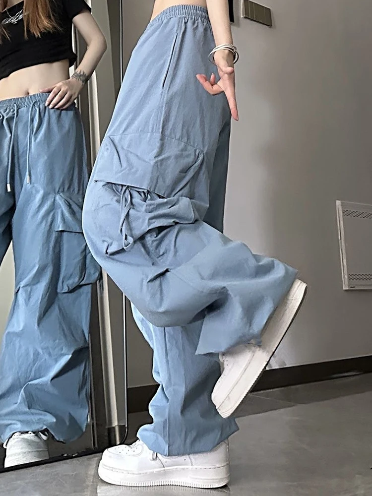 Women Korean High Waisted Slacks Lady Japanese 2000s Style Y2k Lace Up Cargo Trousers Female Yellow Pink Blue Black Joggers