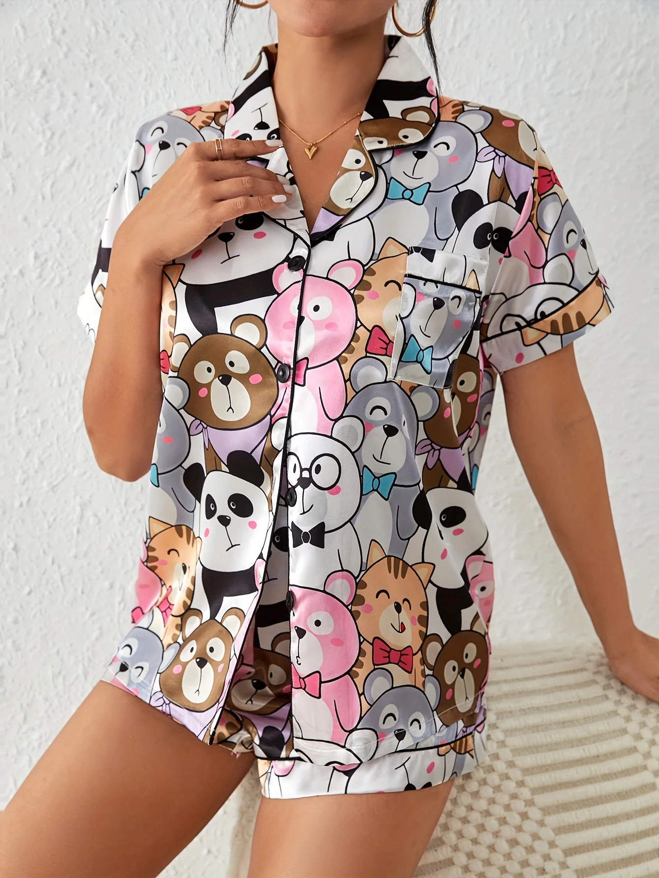 Cute Cartoon Print Satin Pajama Set Short Sleeve Buttons Lapel Top & Elastic Shorts Women's Sleepwear