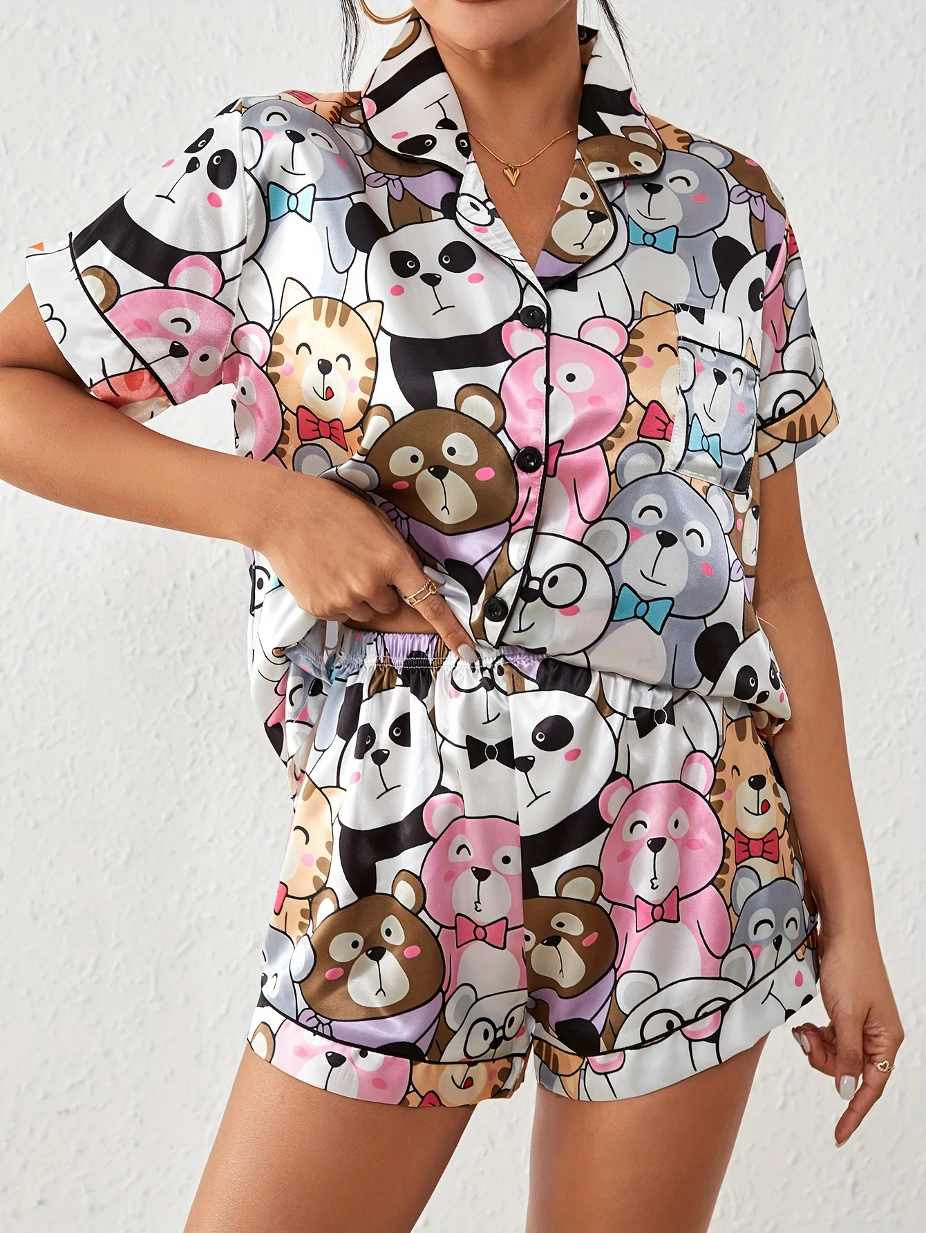 Cute Cartoon Print Satin Pajama Set Short Sleeve Buttons Lapel Top & Elastic Shorts Women's Sleepwear