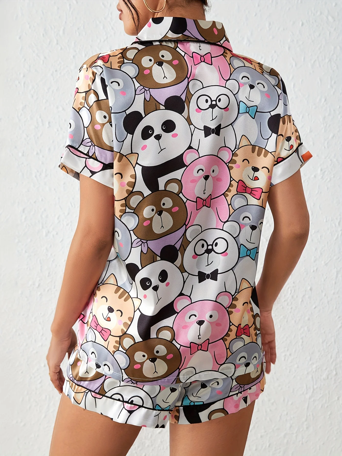 Cute Cartoon Print Satin Pajama Set Short Sleeve Buttons Lapel Top & Elastic Shorts Women's Sleepwear