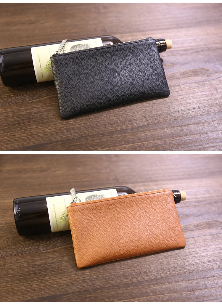 Genuine Leather Wallet Zipper Long Large Capacity Phone Card Money Clip Coin Purse Solid Color Litchi Pattern Clutch Bag