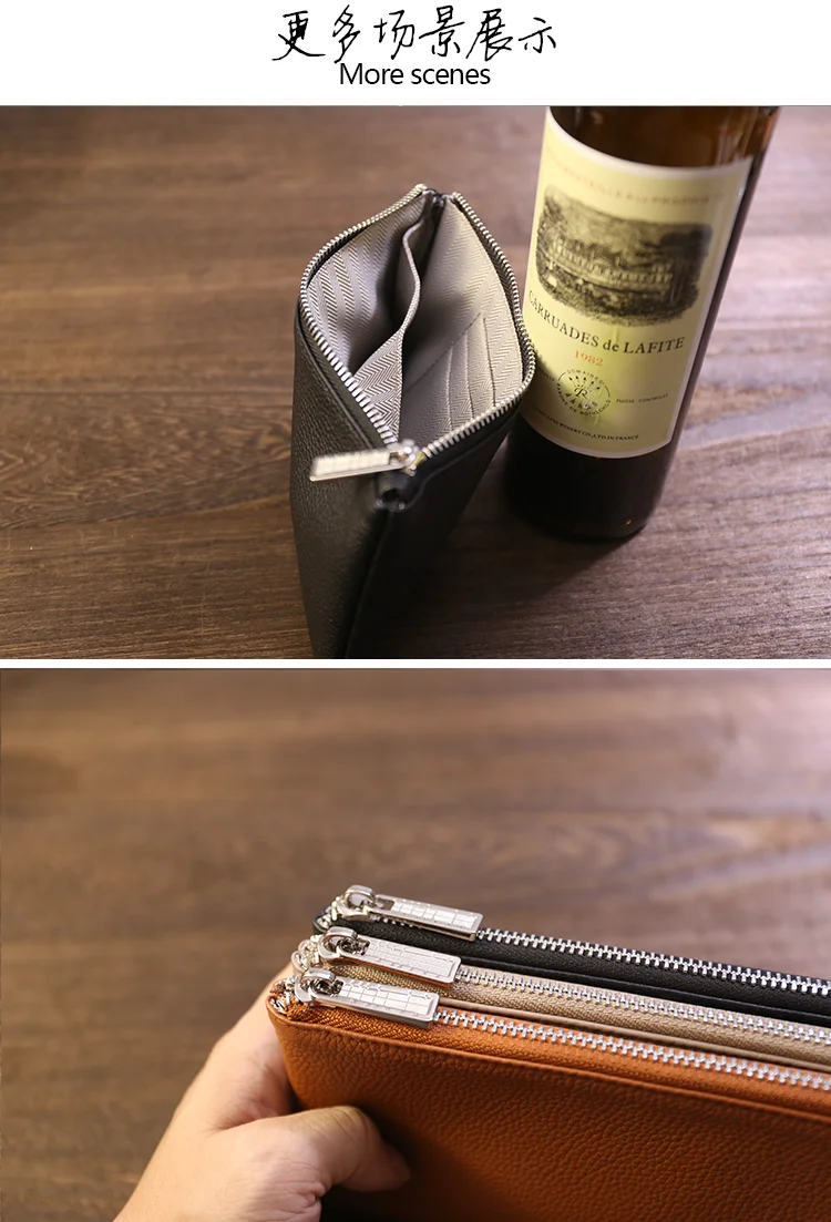 Genuine Leather Wallet Zipper Long Large Capacity Phone Card Money Clip Coin Purse Solid Color Litchi Pattern Clutch Bag