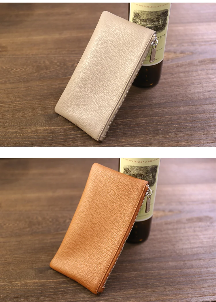 Genuine Leather Wallet Zipper Long Large Capacity Phone Card Money Clip Coin Purse Solid Color Litchi Pattern Clutch Bag