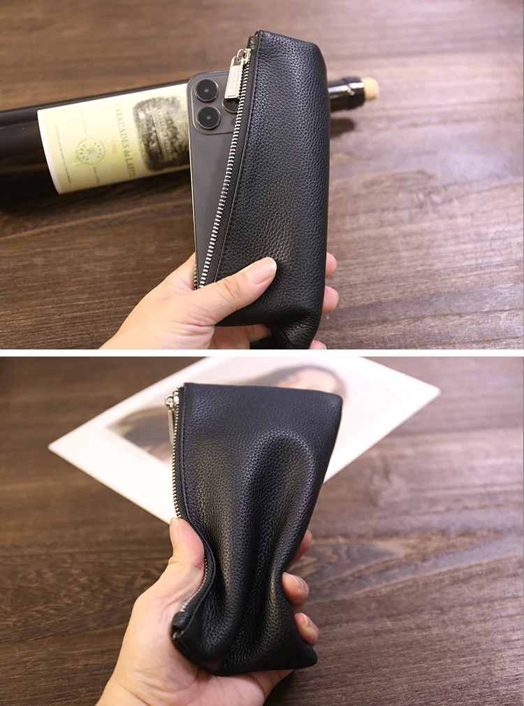 Genuine Leather Wallet Zipper Long Large Capacity Phone Card Money Clip Coin Purse Solid Color Litchi Pattern Clutch Bag