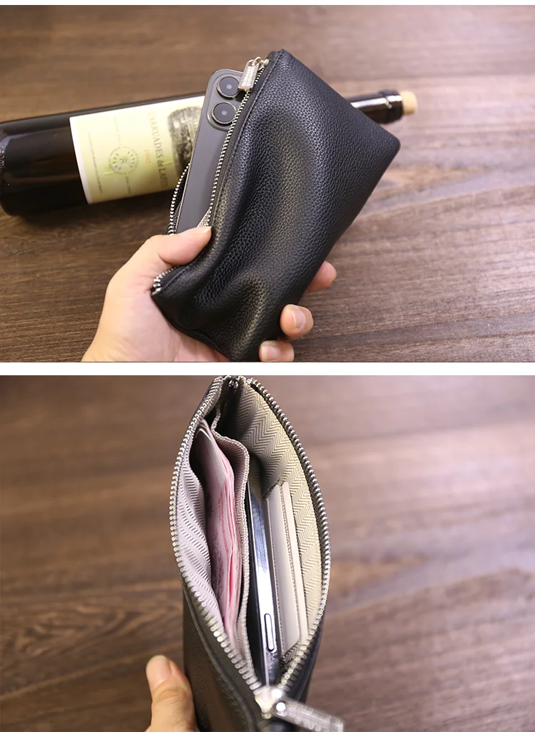 Genuine Leather Wallet Zipper Long Large Capacity Phone Card Money Clip Coin Purse Solid Color Litchi Pattern Clutch Bag