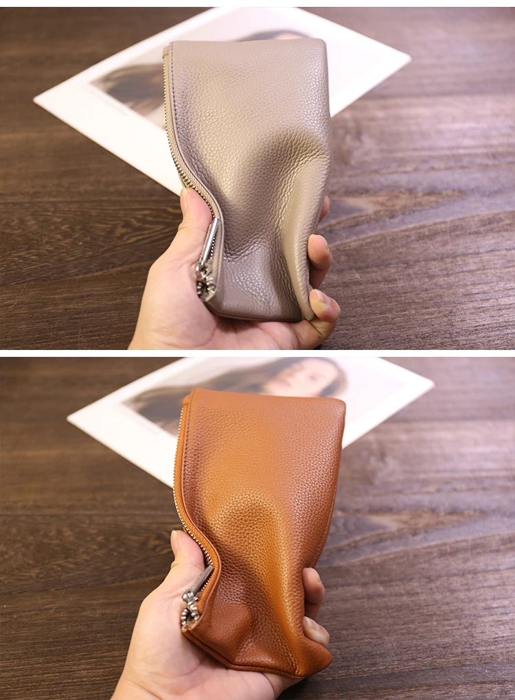 Genuine Leather Wallet Zipper Long Large Capacity Phone Card Money Clip Coin Purse Solid Color Litchi Pattern Clutch Bag