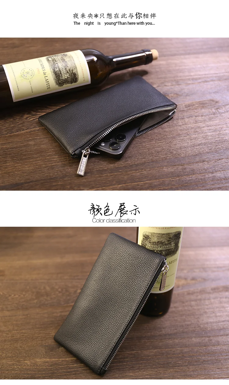 Genuine Leather Wallet Zipper Long Large Capacity Phone Card Money Clip Coin Purse Solid Color Litchi Pattern Clutch Bag