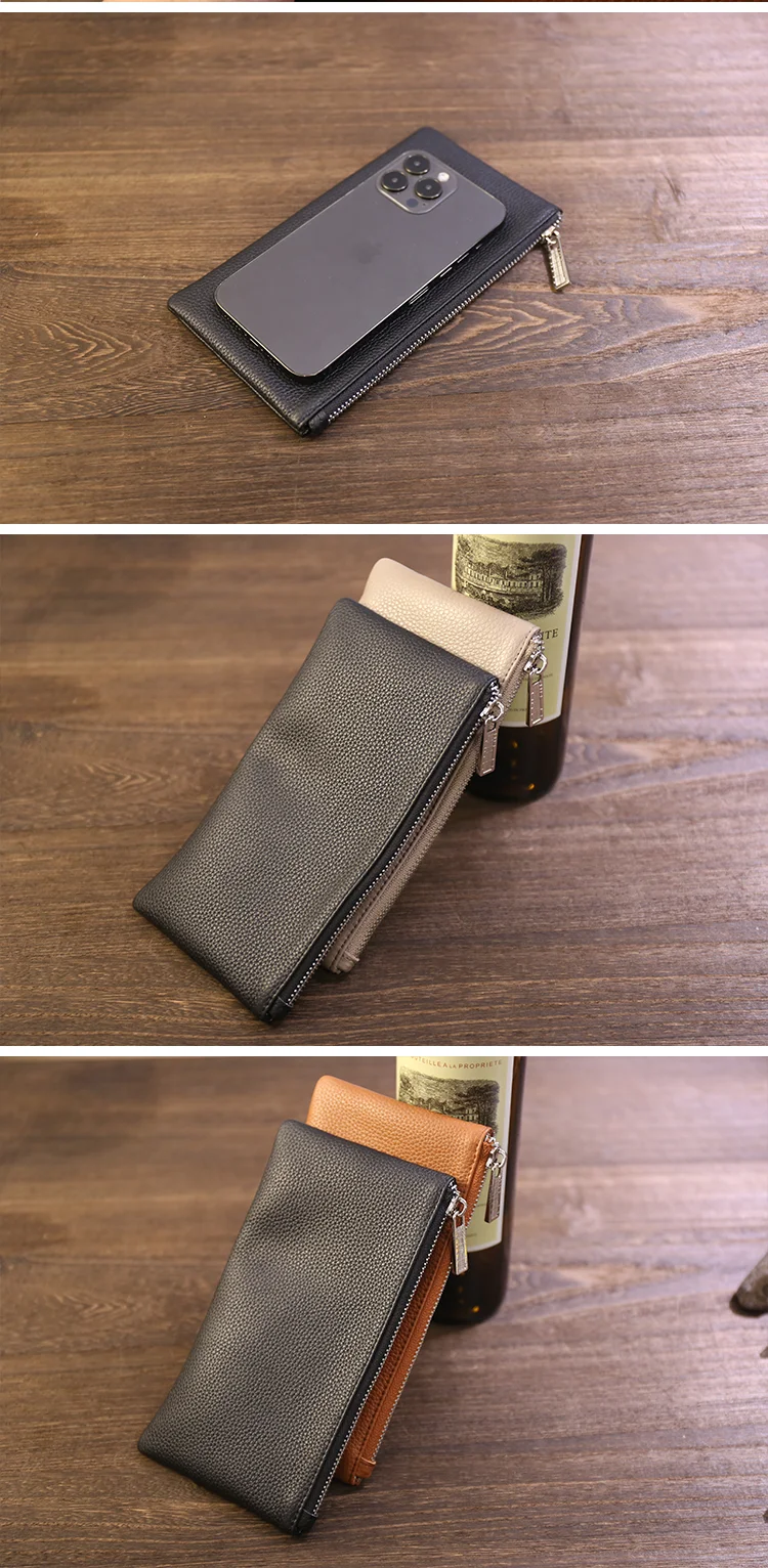 Genuine Leather Wallet Zipper Long Large Capacity Phone Card Money Clip Coin Purse Solid Color Litchi Pattern Clutch Bag