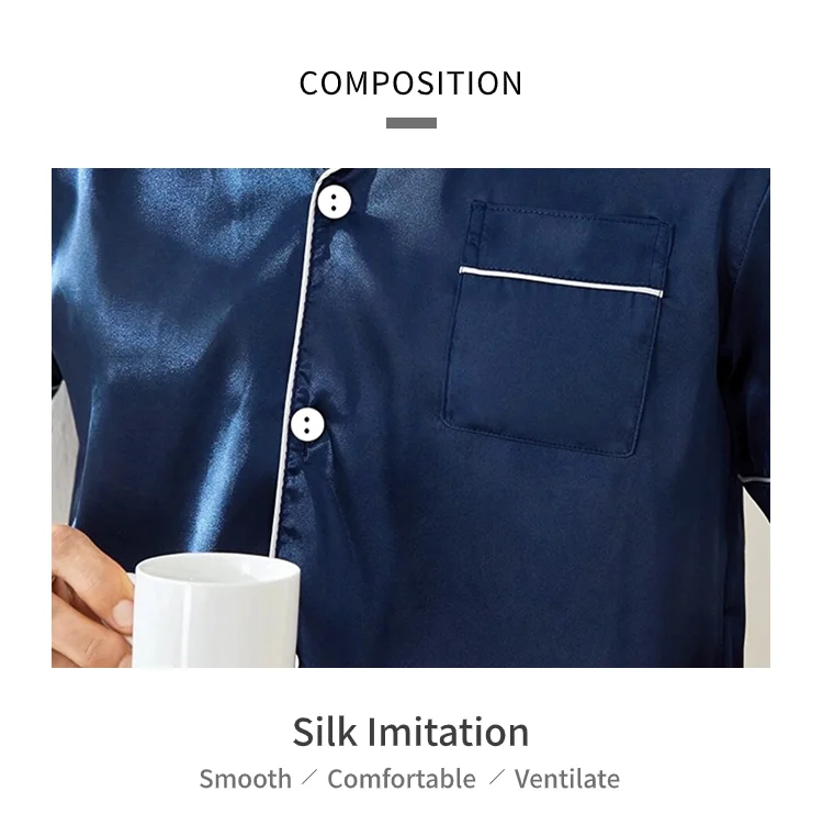 Mens two piece pajama set satin casual comfortable pijama button pocket short sleeve shirt with shorts Pajamas sleepwear for Men