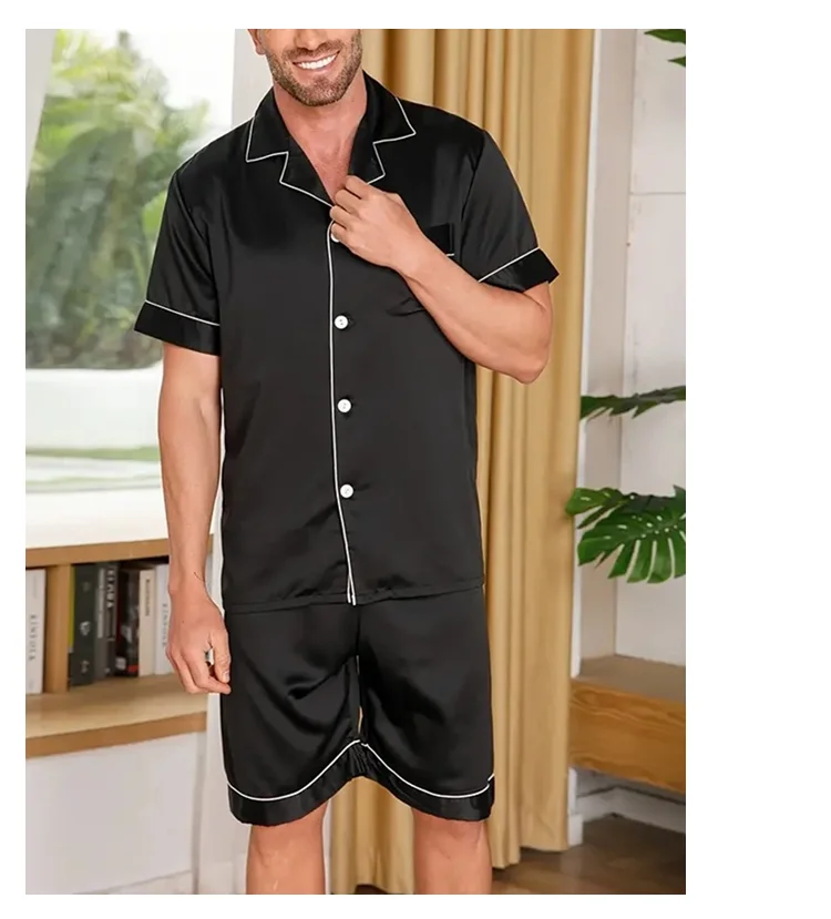 Mens two piece pajama set satin casual comfortable pijama button pocket short sleeve shirt with shorts Pajamas sleepwear for Men