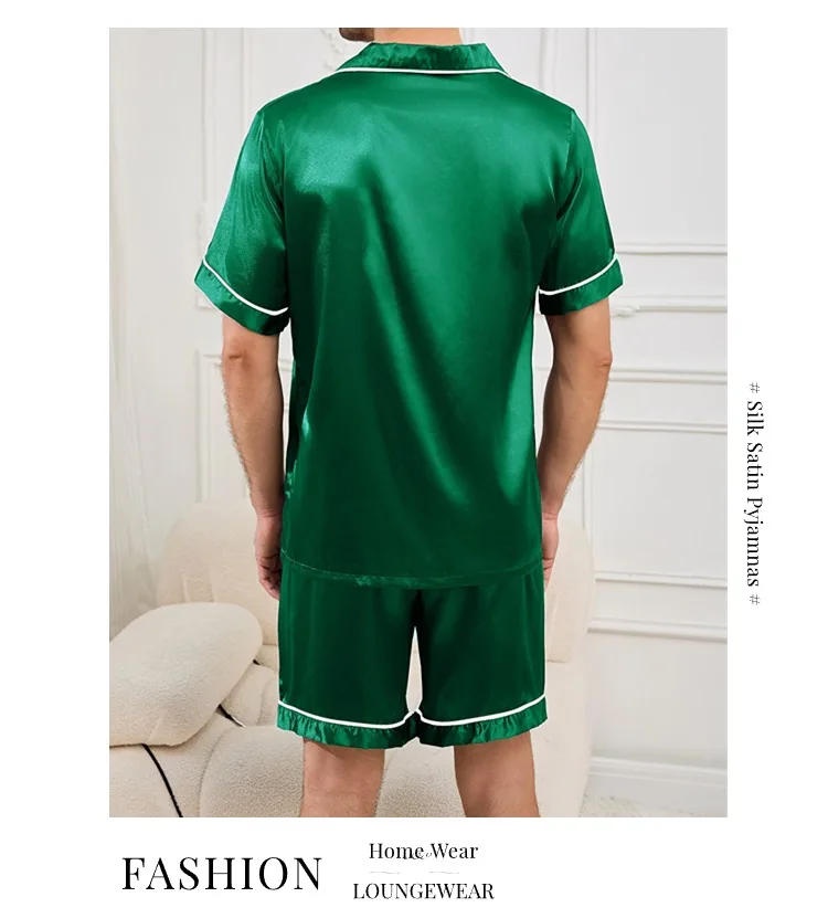 Mens two piece pajama set satin casual comfortable pijama button pocket short sleeve shirt with shorts Pajamas sleepwear for Men