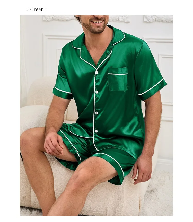 Mens two piece pajama set satin casual comfortable pijama button pocket short sleeve shirt with shorts Pajamas sleepwear for Men