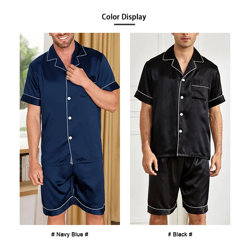 Mens two piece pajama set satin casual comfortable pijama button pocket short sleeve shirt with shorts Pajamas sleepwear for Men