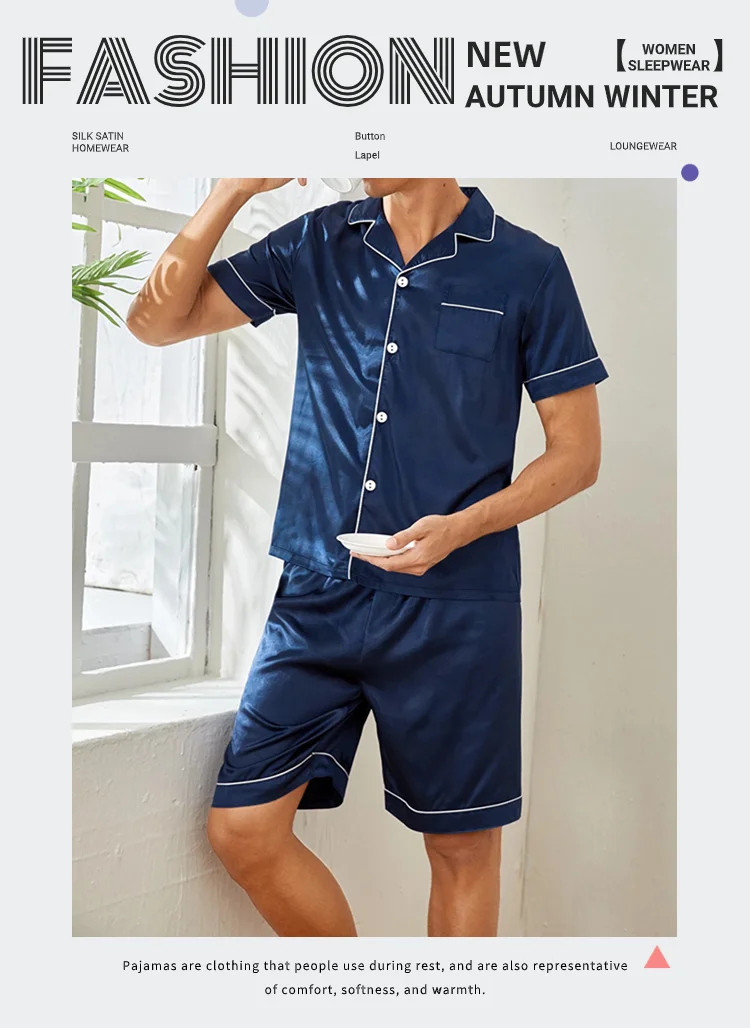 Mens two piece pajama set satin casual comfortable pijama button pocket short sleeve shirt with shorts Pajamas sleepwear for Men